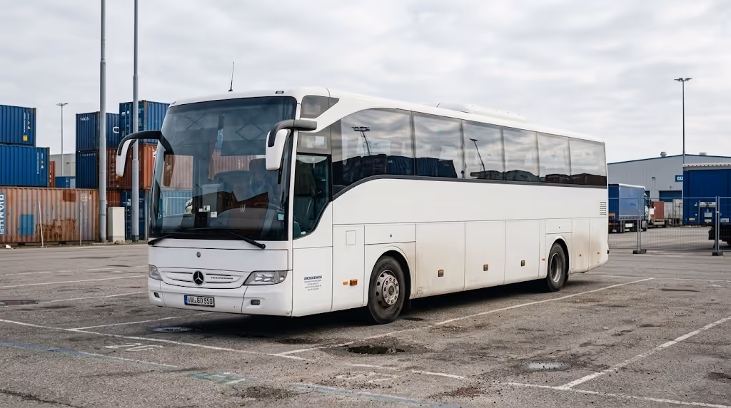 Autocar blanc stationné sur un parc logistique